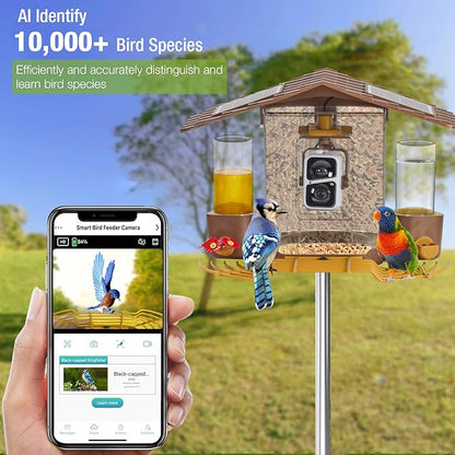 GUTINNEEN Smart Bird Feeder with Camera, High Resolution AI Camera for Wild Bird Identification, Hummingbird Feeder with Camera Solar Powered, Wireless Camera Gift for Bird Lover (Brown), AIR106