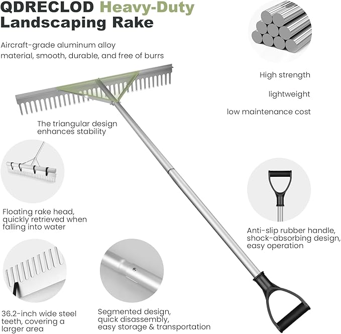Landscape Rake, 36" Aluminum Heavy Duty Lake Weed Rake, Multifunctional Detachable Aquatic with 67'' Extension Handle & 20Ft Rope, for Weed Algae Removal Loosening Soil Lawn Garden Care