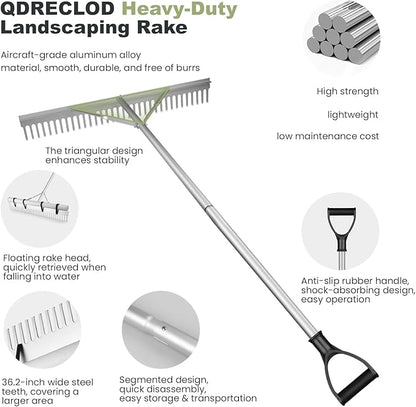 Landscape Rake, 36" Aluminum Heavy Duty Lake Weed Rake, Multifunctional Detachable Aquatic with 102'' Extension Handle & 20Ft Rope, for Weed Algae Removal Loosening Soil Lawn Garden Care