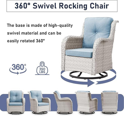 6 Pieces Patio Furniture Set with Fire Pit Table, Wicker Rattan Outdoor Furniture Set with Loveseat and Swivel Chairs for Yard, Deck, Garden, Light Beige Wicker/Light Blue Cushion