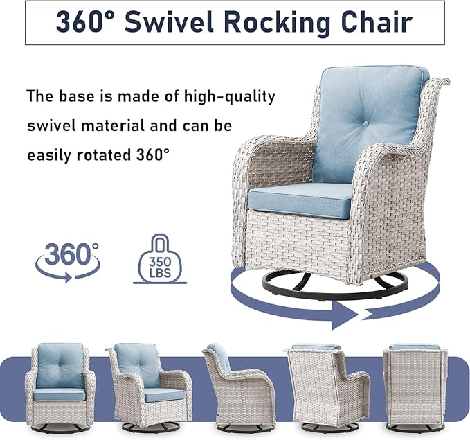 7 Pieces Patio Furniture Set with Fire Pit Table, Wicker Rattan Outdoor Furniture Set with Swivel Rocker Chairs for Yard, Deck, Garden, Light Beight/Light Blue