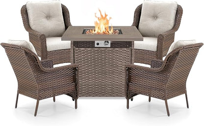 Outdoor Patio Chairs with Fire Pit Table 5 Piece Set - High Back Brown Wicker Rattan Lawn Chair with Thick Cushion for Porch Apartment Deck Yard Poolside Garden - Beige