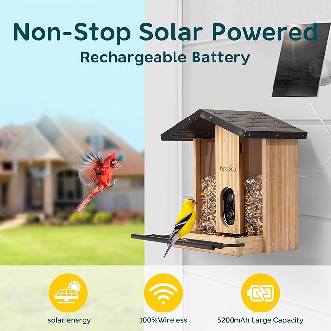 Bird Feeder with Camera Solar Powered, Smart Bird Feeder with AI Identify for 10000 Plus Species, Auto Capture & Real-time Notifications, Ideal Gift for Birdwatching, Bamboo