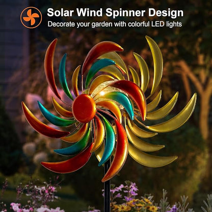 360° Wind Spinners Outdoor with Solar Lights Colored Leaves Garden Decor Yard Lawn Art Decor for Patio Kinetic Windmills 60.63'' H x 13.38'' Dia Unique Gifts for Friends and Family