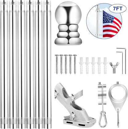 REERON Flag Pole for Outside House Porch Wall Mount, 7 FT No Tangle Stainless Steel Spinning Flagpole Kit with 1" 360° Metal Flag Pole Rings Clips & 2-Position Holder for 3x5' 4x6' American Flags