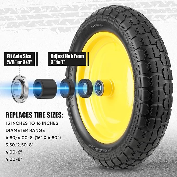 TICONN 4.80/4.00-8 Tire, 16" Flat Free Wheelbarrow Tire and Wheel, Solid Replacement Tires with 3" Centered Hub, 5/8" 3/4" Bearings, Universal Fit 4.80/4.00-8, 3.50/3.00-8, 4.00-6 (Yellow)