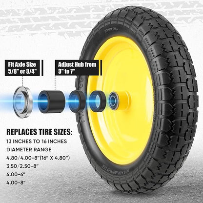 TICONN 4.80/4.00-8 Tire, 16" Flat Free Wheelbarrow Tire and Wheel, Solid Replacement Tires with 3" Centered Hub, 5/8" 3/4" Bearings, Universal Fit 4.80/4.00-8, 3.50/3.00-8, 4.00-6 (Yellow)