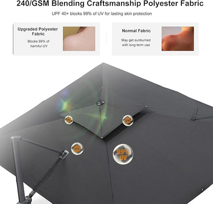 PURPLE LEAF 12 FT Cantilever Patio Umbrella Outdoor Umbrella with 330lbs Base Large Square Windproof Offset Umbrella for Pool Deck Garden, Graphite Grey