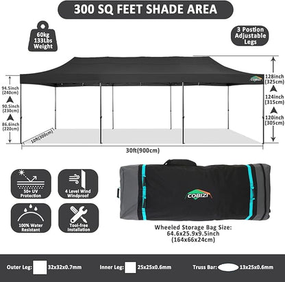 COBIZI 10x30 Pop Up Canopy Without Sidewall,Heavy Duty Canopy UPF 50+ All Season Wind Waterproof Commercial Outdoor Wedding Party Tents for Parties Gazebo with Roller Bag(10 x 30 ft Black)
