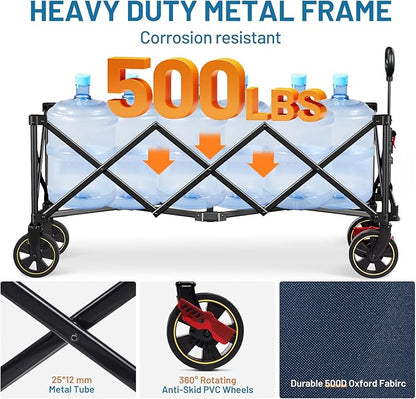 TIMBER RIDGE 51.2'' Extended Collapsible Wagon Cart with Brakes and Cargo Net, 500LBS Heavy Duty Foldable Utility Wagon with Adjustable Handle, 400L Capacity Portable Cart for Camping Sports Shopping
