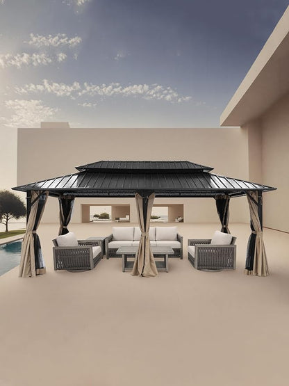 12' x 20' Hardtop Gazebo, Outdoor Patio Gazebo, Aluminum Frame Patio Hardtop Gazebos with Netting and Curtain, Outdoor Patio Pergola with Double Steel Roofs for Deck, Lawns, Parties, Sandstone