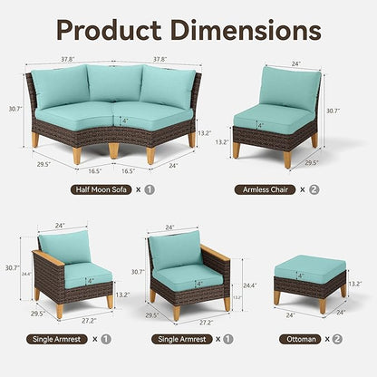 GREEN PARTY 8 Pieces Wicker Patio Furniture Set, All-Weather Outdoor Rattan Half-Moon Curved Patio Sectional Sofa Conversation Set 8 Seats with 4" Thick Cushions for Backyard, 2 x Ottomans (Blue)