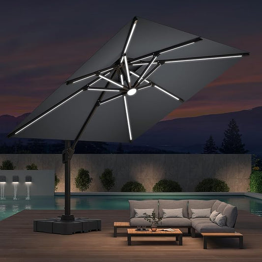 10x10 FT Cantilever Patio Umbrella with Led Lights Double Top Outdoor Square Heavy Duty Offset Umbrellas 360°Rotation Free-motion Track Tilt Windproof for Pool Deck Garden, Grey