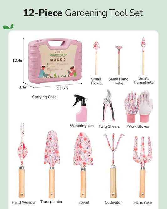 12-Piece Womens Gardening Tools Gift Set, Rust-Proof & Heavy-Duty Garden Tools with Durable Carrying Case, Fashionable & Thoughtful Gardening Gifts for Women&Men (Pink)