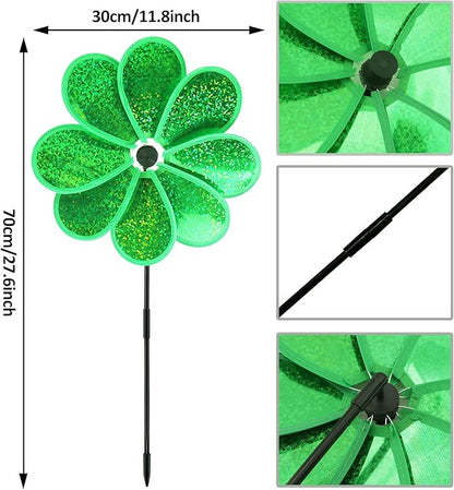 4PCS Flower Wind Spinner Sparkly Lawn Pinwheel 11.8 inch Green Garden Windmill for Christmas Garden, Party, Outdoor,Yard Decor