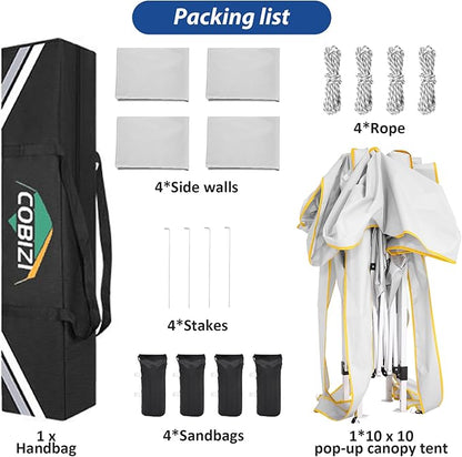 COBIZI 10x10 Pop Up Canopy, Party Tents for Parties Waterproof Outdoor Event Shelter with 4 Sidewalls and 4 Sandbags UV Protection 50+ Camping Commercial Wedding Portable Tent for Backyard, White