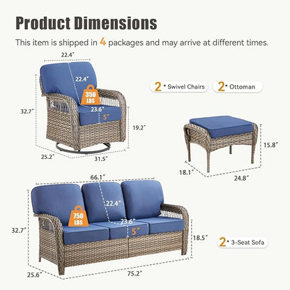 6 Pieces Patio Furniture Set Outdoor Sectional Sofa Couch with Rocking Swivel Chairs 5" Deep Seat Chairs, 2 Sofa Sets Modern Wicker Rattan Conversation Set, Blue/Gray Wicker