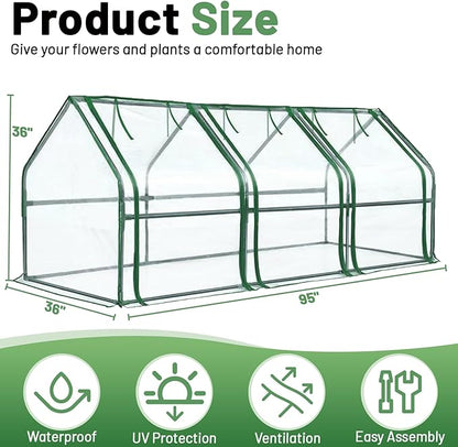 Greengro Mini Greenhouse, 95" x 36" x 36" Portable Greenhouses for Outdoors with Roll-up Zipper Door, Ground Stakes & 20 T-Shaped Plant Tags, Waterproof UV-Resistant Green House for Indoor Outside