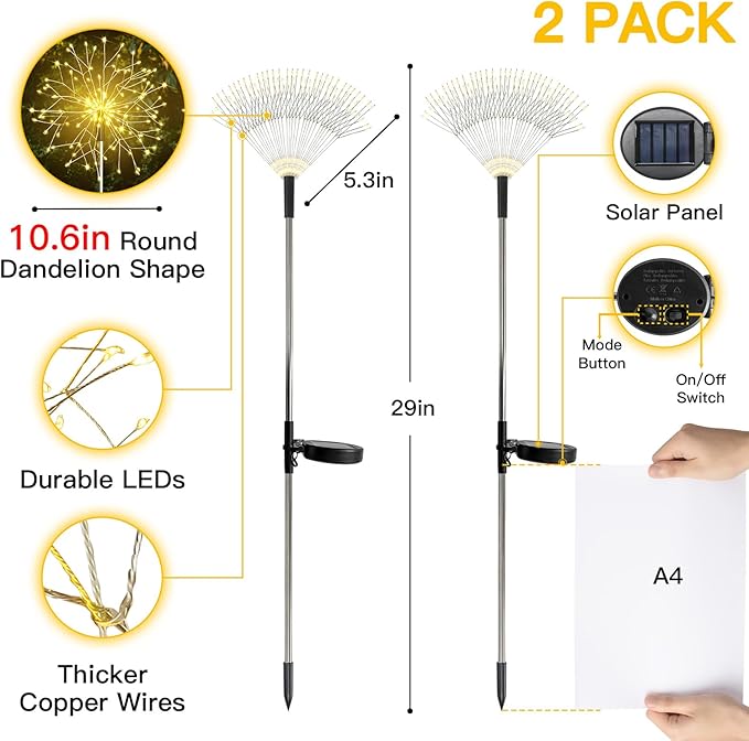 suddus Solar Garden Lights Outdoor Waterproof Decorative, 2Pack 150LED Firework Lights, Solar Fairy Lights for Yard, Garden, Party, Patio, Pathway, Flowerbed - Warm White