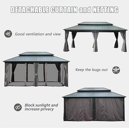 Domi 12’ X 20’ Hardtop Gazebo Canopy with Netting & Curtains, Outdoor Metal Gazebo with Galvanized Steel Double Roof for Patio Lawn and Garden, Gray