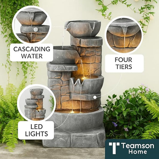 Teamson Home 33" Outdoor Water Fountain with LED Lights, 3-Tier Cascading Bowls, Weather-Resistant Resin Garden Water Feature for Patio, Lawn, and Backyard Decor – Stone Gray