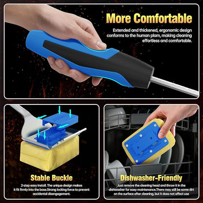 Grill Brush Bristle Free for Outdoor Grill, Steam Grill Cleaning Brush Replaceable BBQ Cleaner Brush Head,Extended Handle, Safe Grill Brush with Scraper for Cast Iron Stainless-Steel Grates,Blue