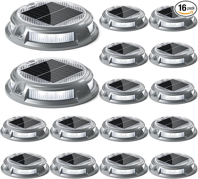 SIEDiNLAR Solar Driveway Lights Outdoor 16 LEDs 9 Modes, Dock Markers Deck Lights Waterproof Warning for Driveway Ground Step Walkway Pathway Yard Garden, RGB (16 Pack)