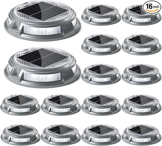 SIEDiNLAR Solar Driveway Lights Outdoor 16 LEDs 9 Modes, Dock Markers Deck Lights Waterproof Warning for Driveway Ground Step Walkway Pathway Yard Garden, RGB (16 Pack)