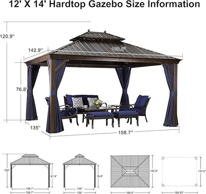 PURPLE LEAF Hardtop Gazebo 12' X 14' Metal Roof with Netting and Curtains Hard Top Backyard Patio Gazebos Permanent Canopy Deck Garden Hot Tub Outdoor Pavilion