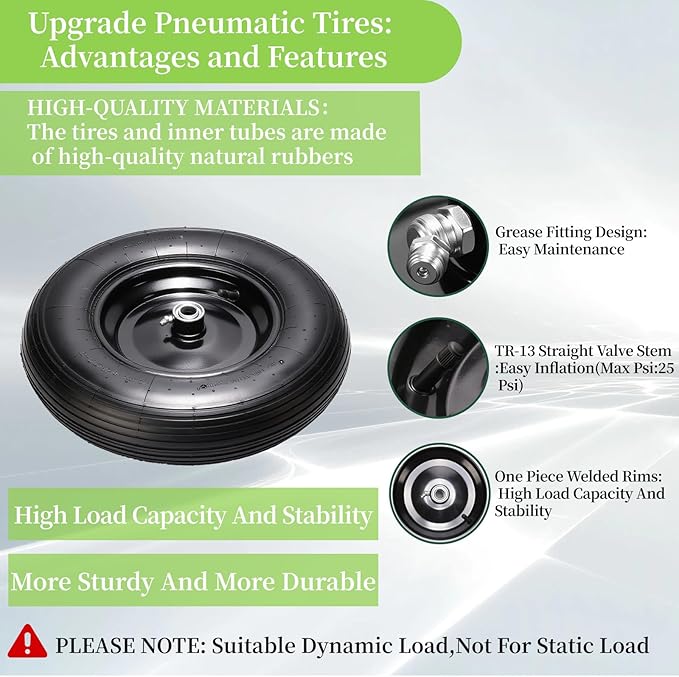 RRQ (2 Pack) 4.80/4.00-8 Tire and Wheel, 16" Pneumatic Wheelbarrow Tires with 3" Centered Hub and 3/4" Bearings (Comes with 5/8" ID Iron Tube Adapter), for Wheelbarrow, Garden Cart, Trailer and More