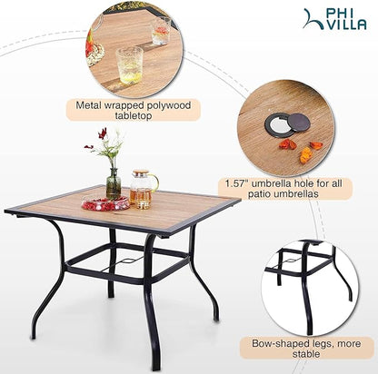PHI VILLA 5 Piece Outdoor Dining Set for 4, 37” Metal Steel Dining Table with Wood-Like Tabletop & Stacking Wrought Iron Chairs for Patio, Deck, Yard