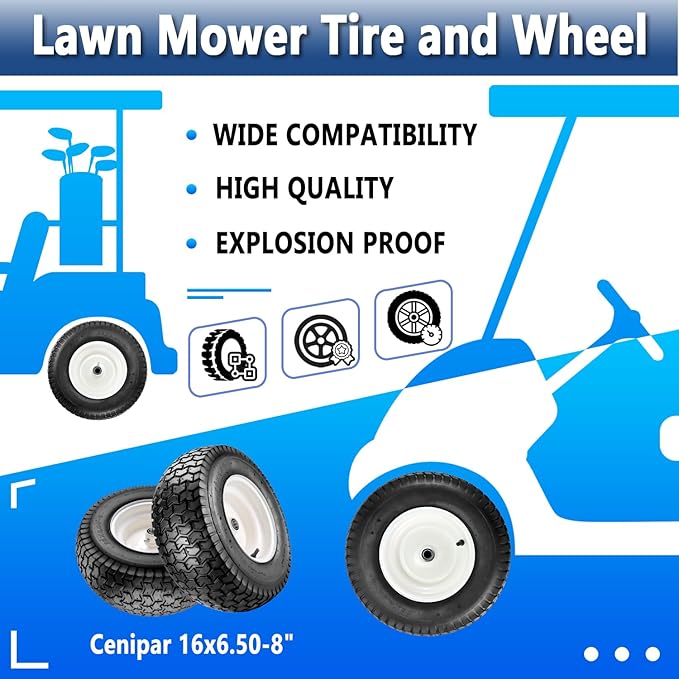 Cenipar 16x6.50-8" Lawn Mower Tire and Wheel with 3/4" Iron Bushing, 3" Offset Hub 4 Ply Heavy Duty Replacement for Craftsman Mower, Garden Lawn Tractors (2-Pack)
