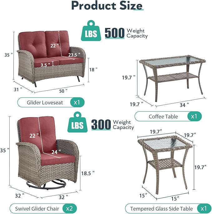 5 Piece Patio Furniture Set - Wicker Patio Conversation Set with Swivel Glider, Glider Loveseat, Tempered Glass Side Table and Coffee Table for Deck Backyard - Grey Wicker Red Cushion