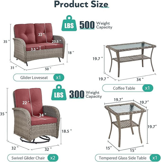 5 Piece Patio Furniture Set - Wicker Patio Conversation Set with Swivel Glider, Glider Loveseat, Tempered Glass Side Table and Coffee Table for Deck Backyard - Grey Wicker Red Cushion