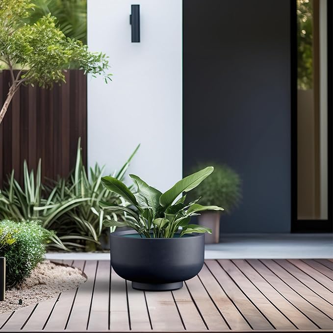 Kante 13.8 Inch Dia Concrete Bowl Planter, Large Tapered Bottom Plant Pot with Drainage, Smooth Charcoal Finish with Warm Brown Interior, Ideal for Porch, Home, Garden, Patio