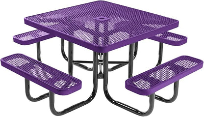 COATEDOUTDOORFURNITURE Heavy-Duty Portable Outdoor Picnic Table with Umbrella Hole, Expanded Metal Commercial-Grade Patio Dining Furniture Made in America (46" Square Top, Purple)
