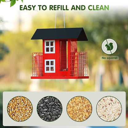 Metal Bird Feeders for Outdoors Hanging with 2 Suet Cage Cake Squirrel Proof Hanging Suet Feeder Large Capacity Wild Bird Feeder Easy Clean&Anti-Rust Attracting Birdhouse Red