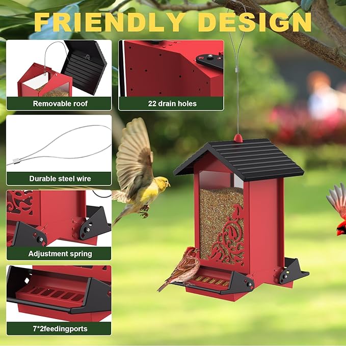 Squirrel Proof Bird Feeder for Outdoor Hanging,Metal Bird Seed Feeder with Bilateral Weight Activated Perches,5LB Large Capacity Wild Bird Feeders for Outside,Easy Refill and Clean,Red