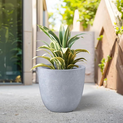 Kante 10 Inch Dia Round Concrete Planter, Indoor Outdoor Large Plant Pot with Drainage Hole and Rubber Plug for Home Patio Garden, Gray