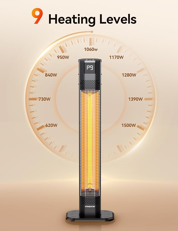 VAGKRI Outdoor Heaters, 1s Heating Carbon Infrared Patio Heaters With Remote, 9 Heat Levels, 24H Timer, IPX5 Waterproof, 42in Electric Space Heaters for Home, Office, Restaurant, Patio, and Garage