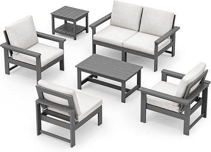 SERWALL HDPE Patio Furniture Set, 7-Piece Outdoor Sectional Sofa Set, All Weather Outdoor Couch Set for Deck, Lawn, Grey Frame with Khaki Cushion