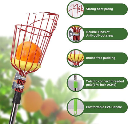 8FT Fruit Picker with Large Basket Telescoping Fruit Picker Pole Foam Padding Prevents Bruising Suitable for Apples Mangoes Pears Oranges Avocados, Red (Pole Included)