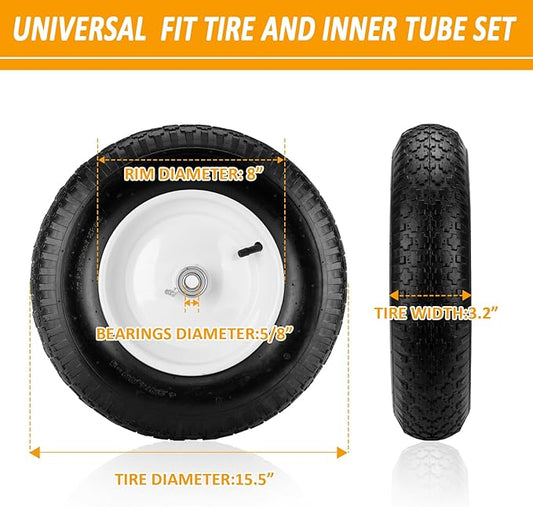 4.80/4.00-8" Air Filled Wheelbarrow Tire,Heavy-Duty Replacement Tire and Inner Tube Set with 3/4 & 5/8 Wheel Bearing and Spacer Kit included,Tubed Tires Non-Slip for Garden Cart Wagon