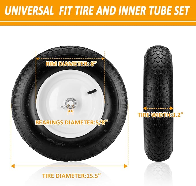4.80/4.00-8" Air Filled Wheelbarrow Tire,Heavy-Duty Replacement Tire and Inner Tube Set with 3/4 & 5/8 Wheel Bearing and Spacer Kit included,Tubed Tires Non-Slip for Garden Cart Wagon (White)