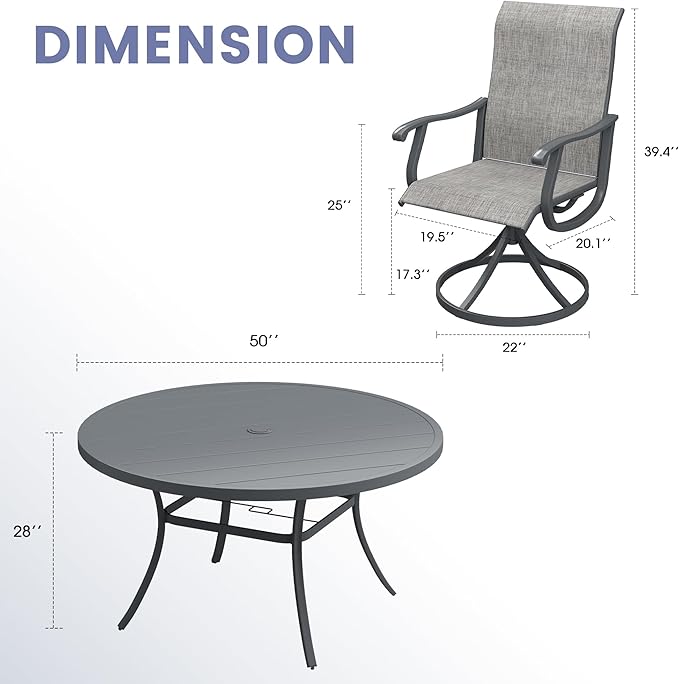VICLLAX 7 Pieces Outdoor Dining Set, Patio Furniture Set of 6 Patio Swivel Dining Chairs and 50" Patio Round Table, Grey Chairs & Dark Grey Tabletop