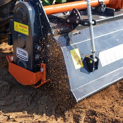 Titan Attachments 3 Point 60" Rotary Tiller Attachment Fits Cat 1 Tractors, Charcoal Finish, Single Speed PTO Driven Cultivator with a 540 RPM Gearbox, Replaceable L-Shaped Tines Work 5" Deep