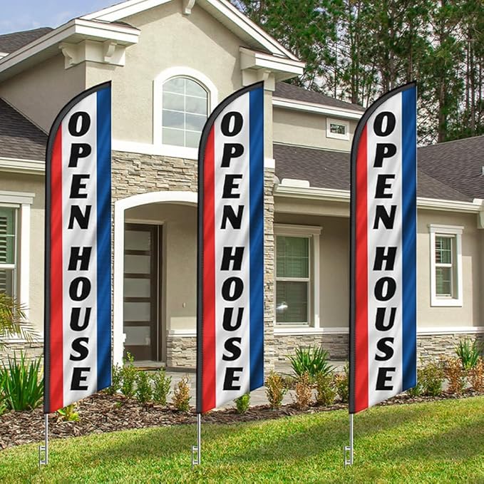 FFN 3-Pack of Open House Feather Banner Flag Kits, Includes Flag Poles, Ground Stakes, and Travel Bags, 15ft Large Outdoor Signs for Real Estate Agents