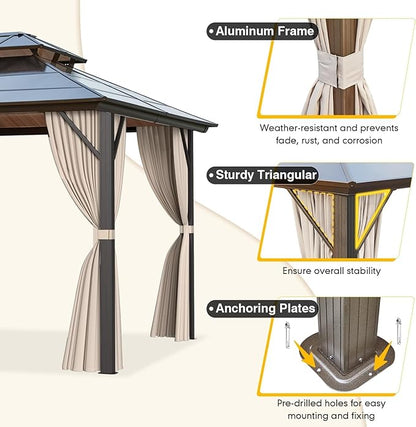 MELLCOM 10 x 13ft Hardtop Gazebo, Polycarbonate Double Roof Aluminum Gazebo, Outdoor Waterproof Canopy with Netting and Curtains for Backyard, Deck, Patio