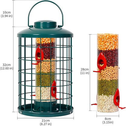Caged Bird Feeder for Wild Birds Outside, Large Squirrel-Proof Heavy-Duty Metal Hanging Tube Bird Feeder, 4 Feeding Ports, 13.2'' High, 3LB Seed Capacity (Green)