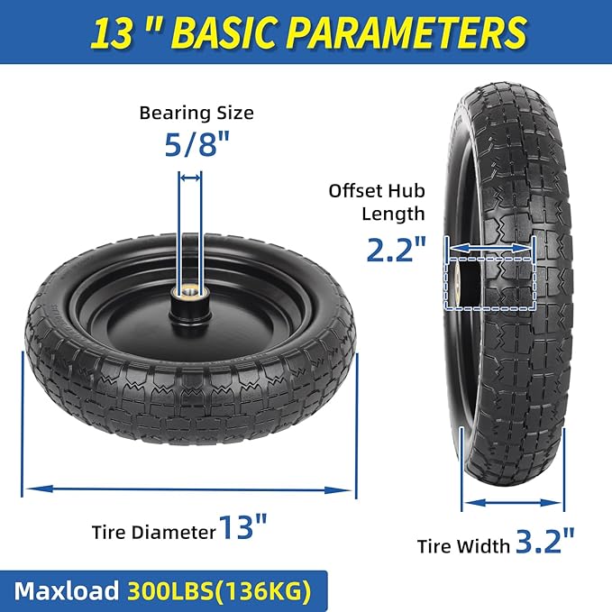 13" Flat-free Solid Tire and Wheel Replacement, with 5/8" Axle Bore Hole, 2.2" Offset Hub for Wheelbarrow Garden Wagon Trolley Dolly (4-pcs)